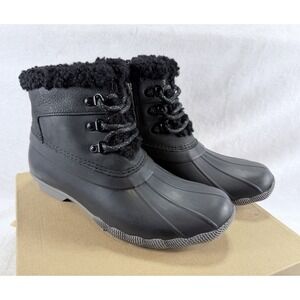 Sperry Saltwater Alpine Black Leather Duck Boots Sherpa Collar Womens 7.5 M NIB